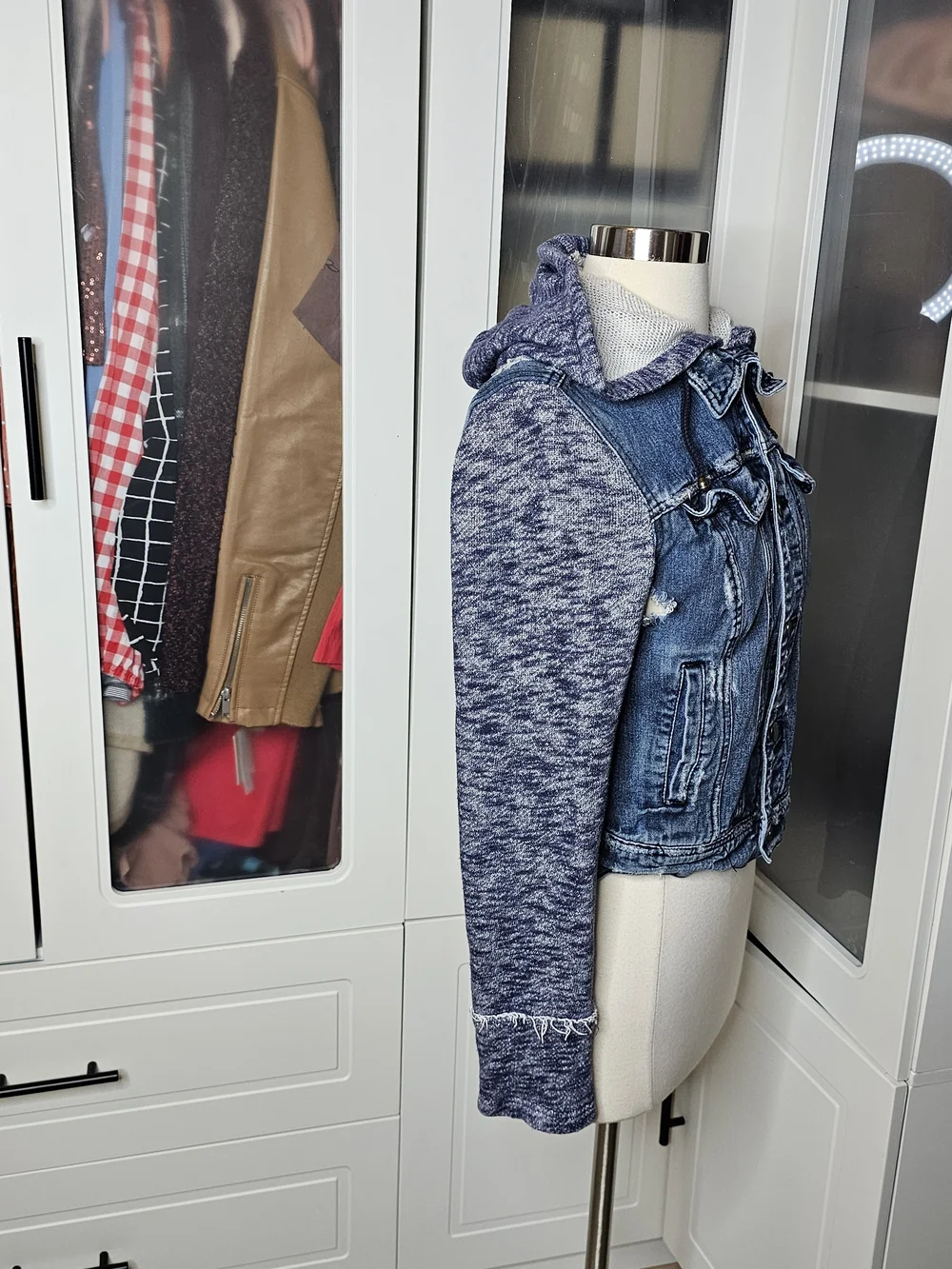 Free People Denim Hooded Jacket with Knit Sleeves - Blue